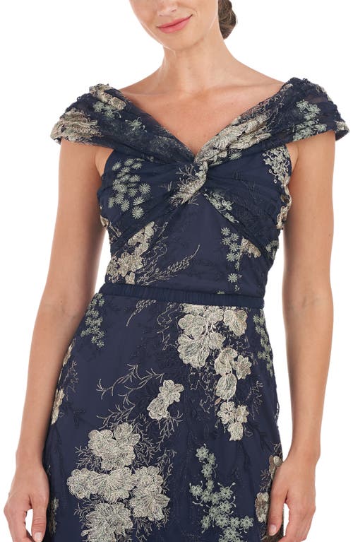 Js Collections Camilla Twist Floral Embroidered A-line Gown In Navy/jade