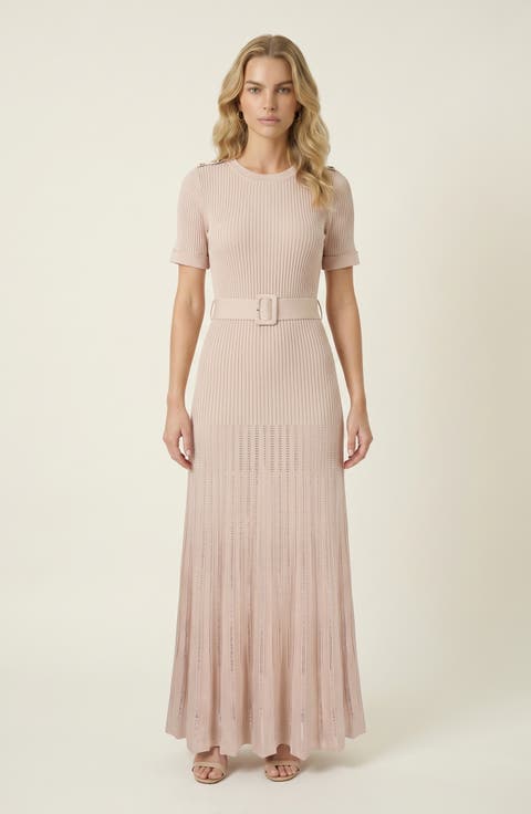 Ribbed Knit Belted Waist Pleated Midi Dress