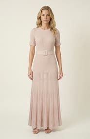 Modenaire Ribbed Knit Belted Waist Pleated Midi Dress