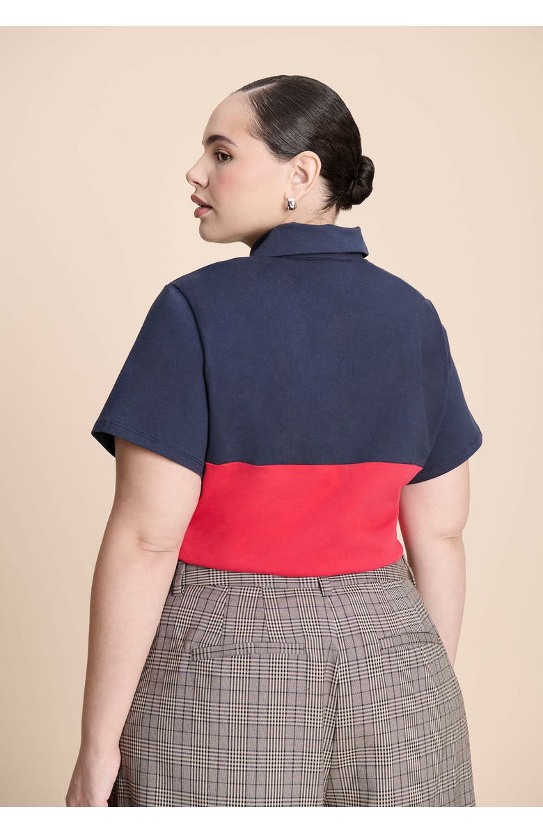 ELOQUII Asym Zipper Neck Polo Shirt, Alternate, color, Red And Navy