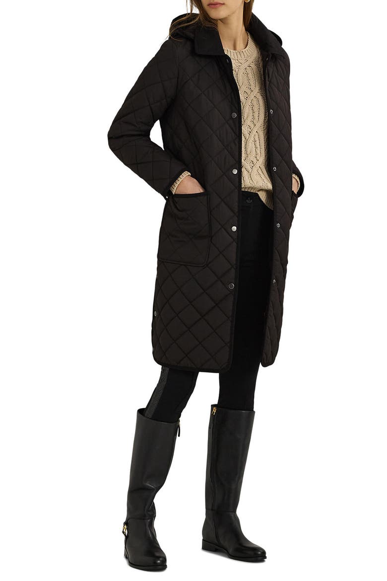 Hooded Longline Quilted Jacket, Main, color, BLACK