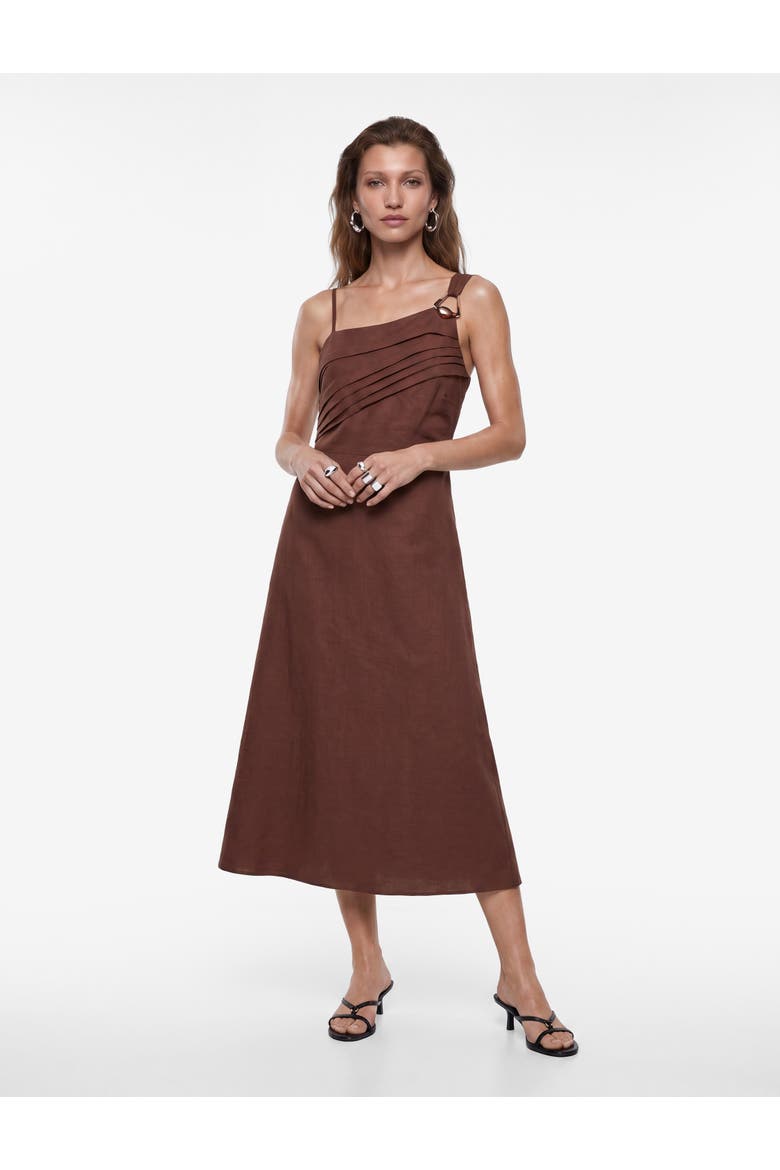 Linen Blend Asymmetric Pleated One-Shoulder Midi Dress, Main, color, BROWN