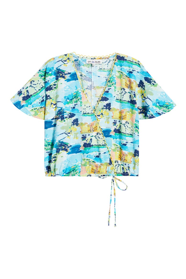 Allover Print Faux Wrap Shirt, Alternate, color, AQUA MULTI