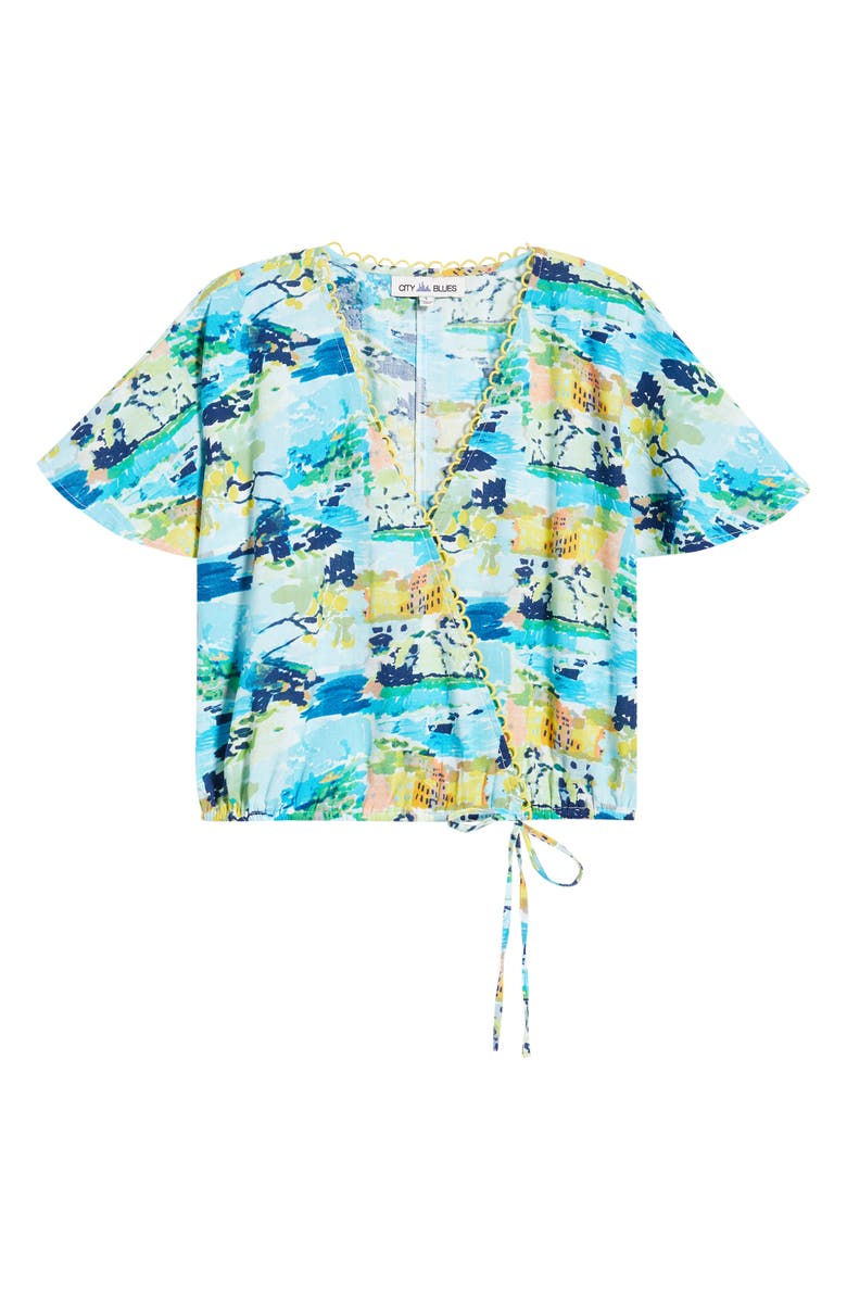 CITY BLUES Allover Print Faux Wrap Shirt, Alternate, color, Aqua Multi
