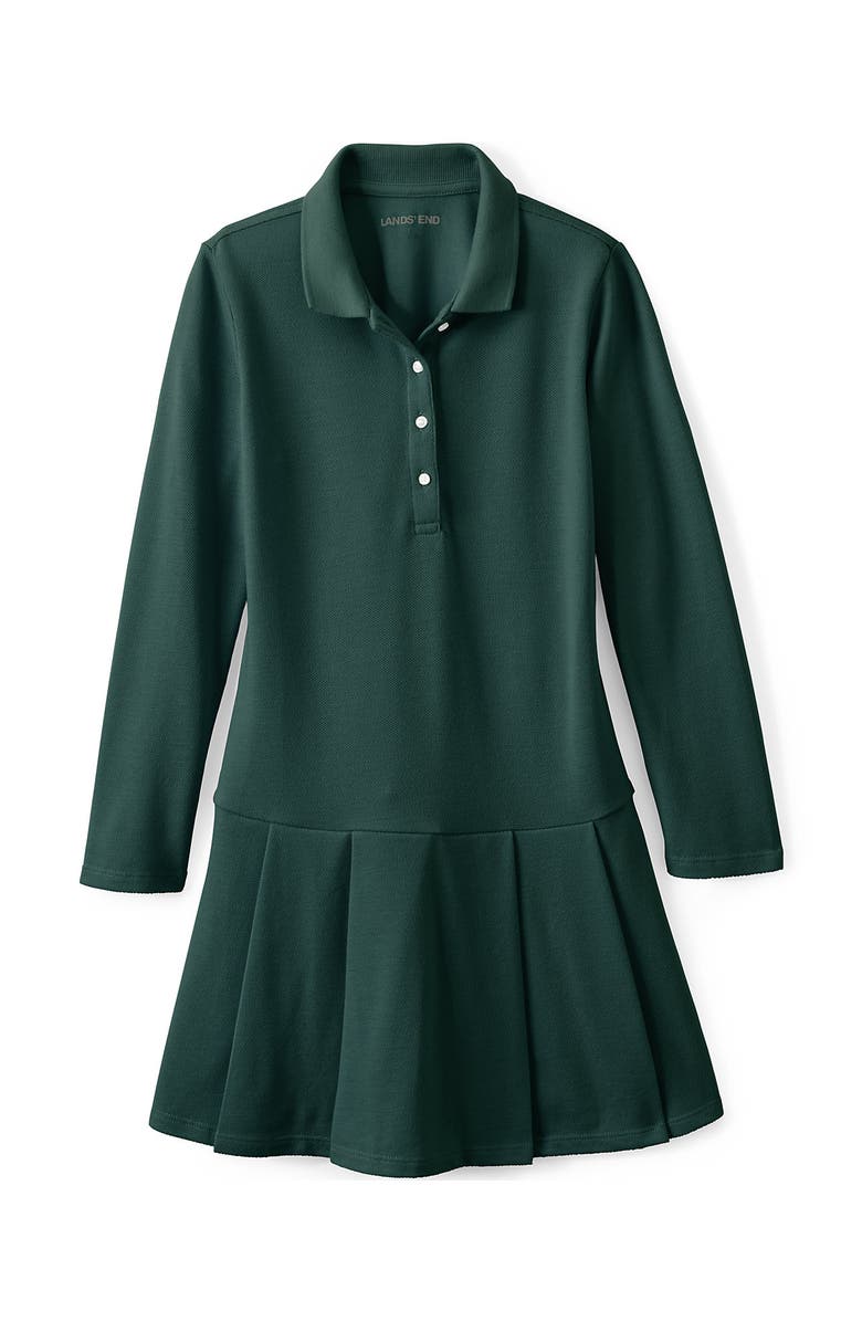 Lands' End Girls Long Sleeve Mesh Pleated Polo Dress, Alternate, color, Evergreen