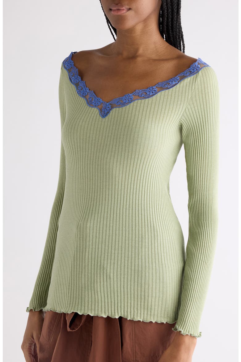 Lace Trim Rib Cotton & Silk Sweater, Alternate, color, DARK CEDAR