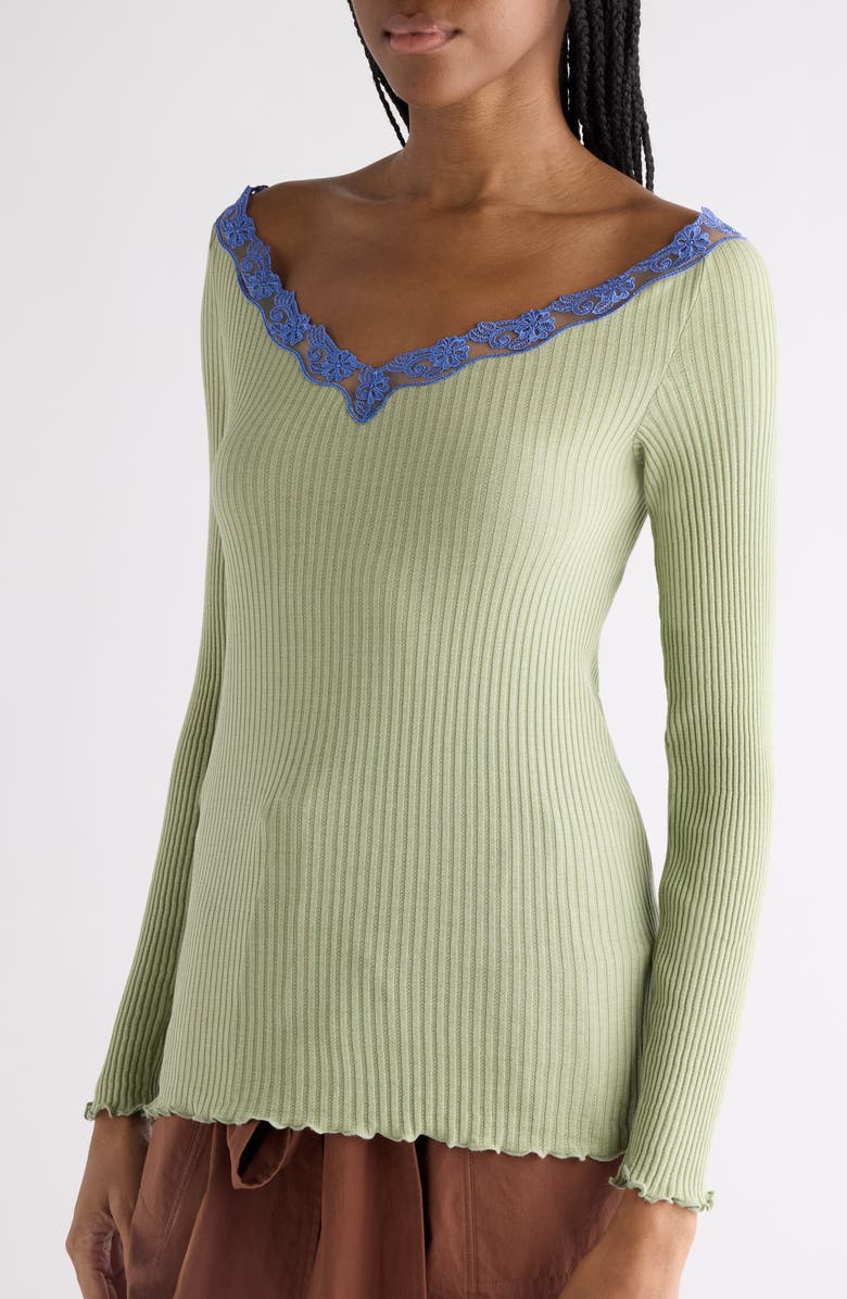 Chloé Lace Trim Rib Cotton & Silk Sweater, Alternate, color, Dark Cedar