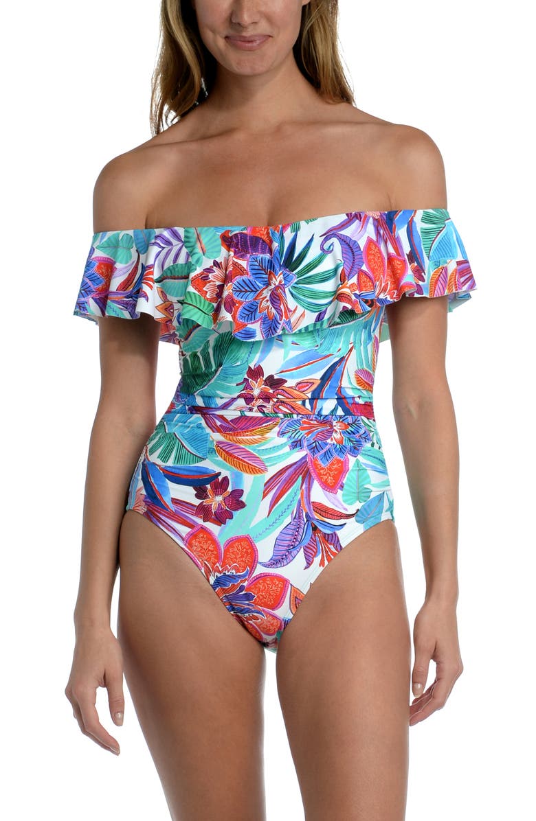 La Blanca Tropez Floral Print Off the Shoulder One-Piece Swimsuit, Main, color, 