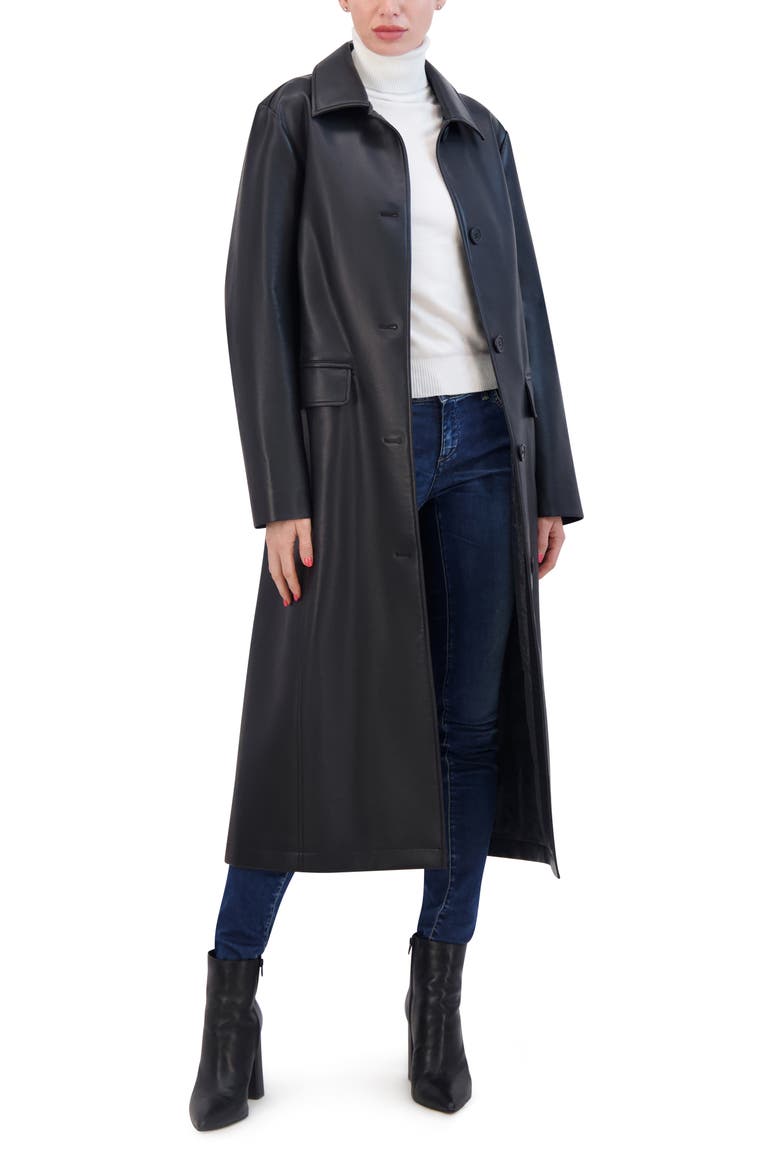 Belted Faux Leather Trench, Alternate, color, BLACK