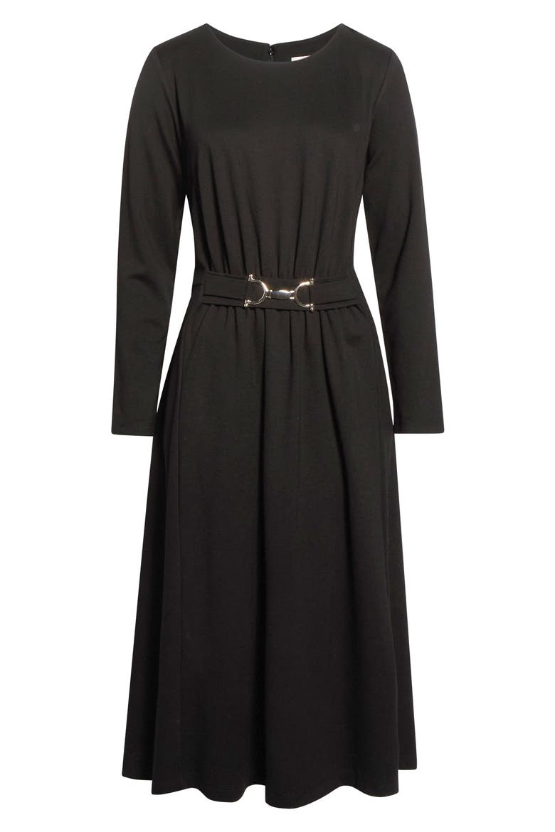 Accent Waist Long Sleeve Midi Dress, Alternate, color, BLACK