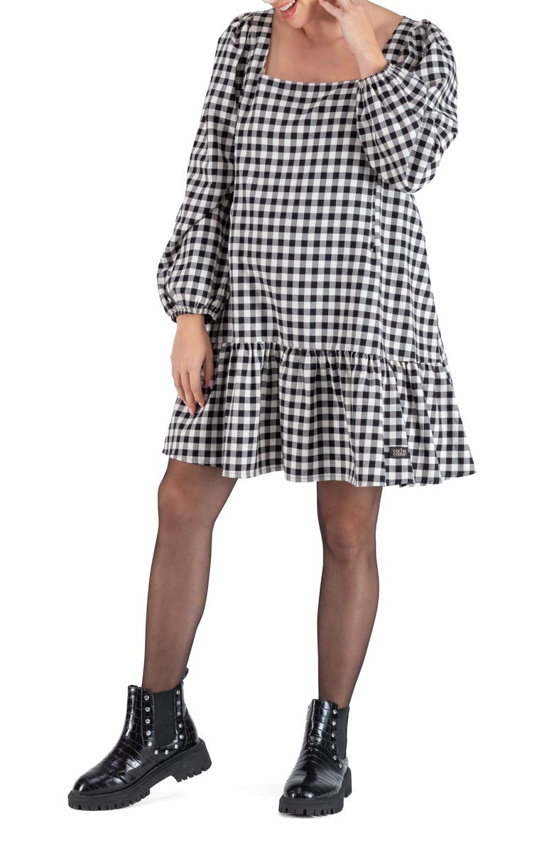 Cache Coeur Patti Checkered Balloon Long Sleeve Cotton Maternity Dress, Main, color, 