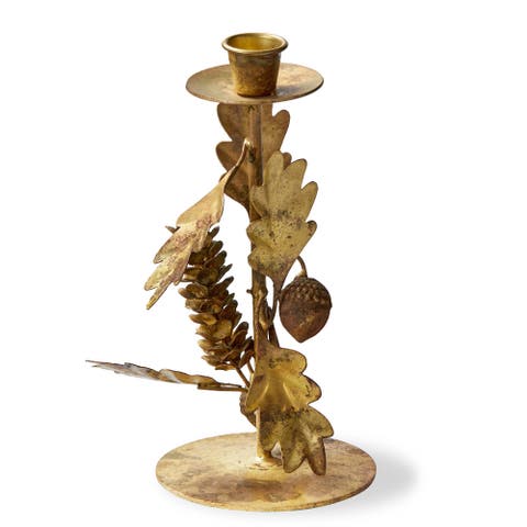 Oak Leaf Acorn Small Taper Candle Holder Antique Brass Gold