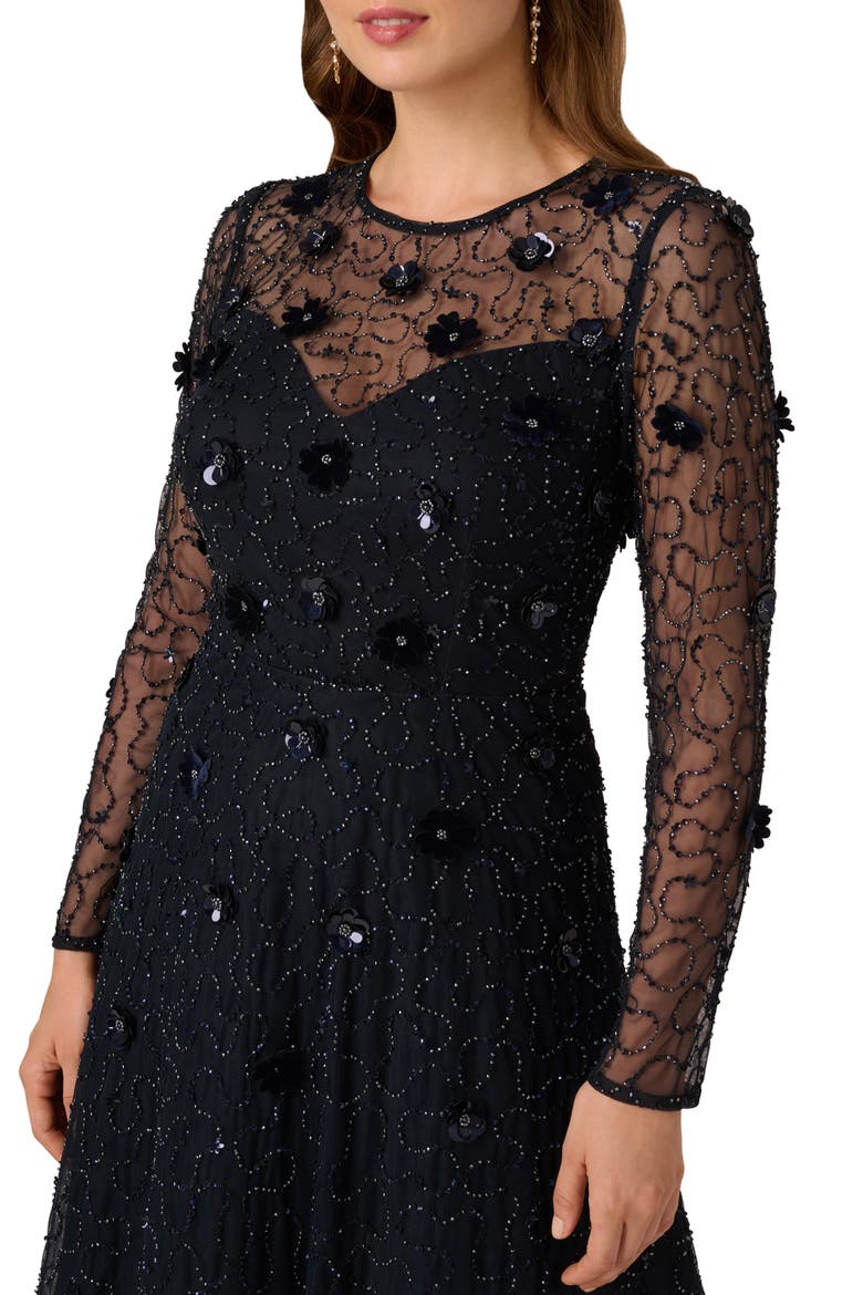 3D Floral Beaded Long Sleeve Illusion Cocktail Dress, Alternate, color, MIDNIGHT