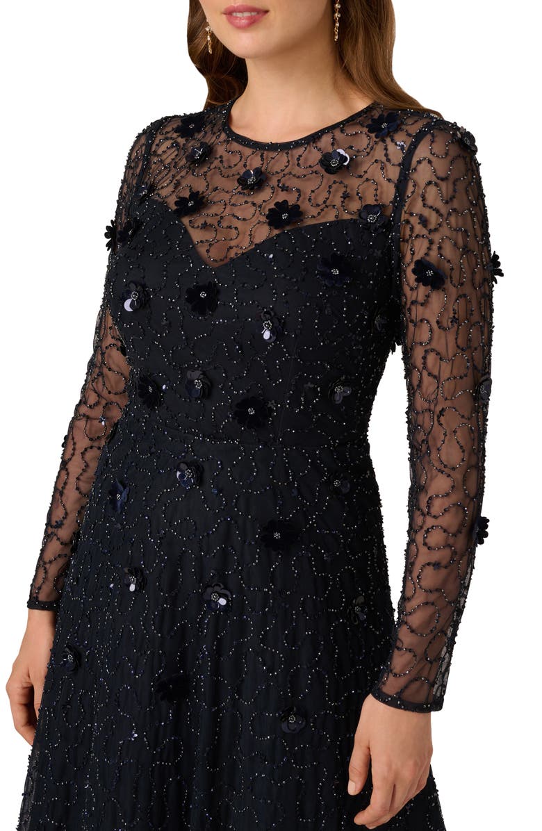 Adrianna Papell 3D Floral Beaded Long Sleeve Illusion Cocktail Dress, Alternate, color, Midnight