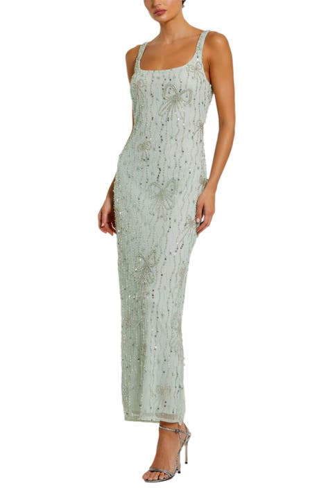 Women's Beaded Mesh Scoop Neck Fitted Gown With Bows