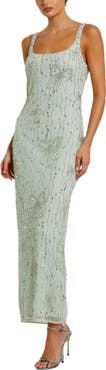 Mac Duggal Beaded Mesh Scoop Neck Ankle Dress With Bows