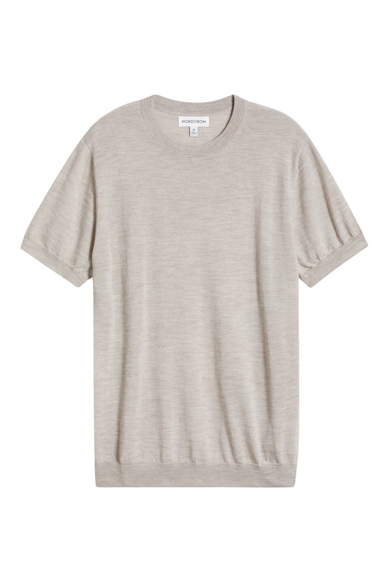 Short Sleeve Merino Wool & Silk Crewneck Sweater, Alternate, color, TAN OXFORD HEATHER