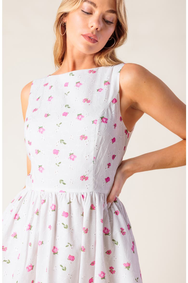 Floral Embroidered Eyelet Cotton Blend Fit & Flare Dress, Alternate, color, WHITE/ PINK