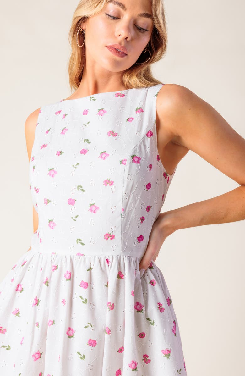 FLYING TOMATO Floral Embroidered Eyelet Cotton Blend Fit & Flare Dress, Alternate, color, White/ Pink
