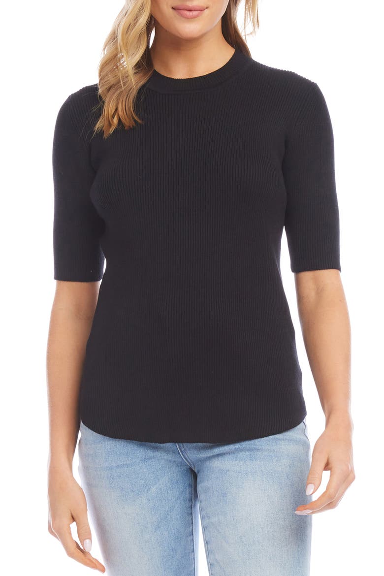 Rib Short Sleeve Sweater, Main, color, BLACK
