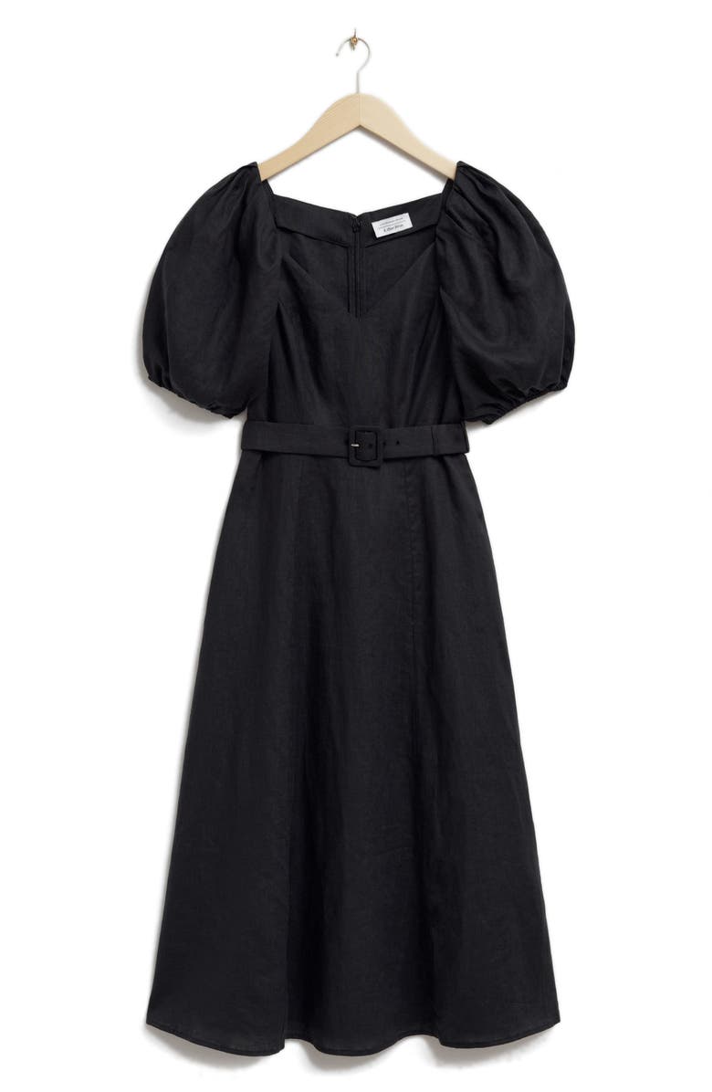 & Other Stories Puff Sleeve Belted Linen Dress, Alternate, color, Black