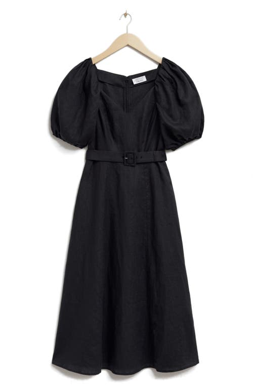 & Other Stories Puff Sleeve Belted Linen Dress In Black