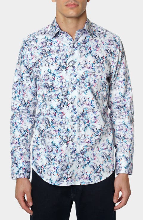 White Faded Floral Cotton Button-Up Shirt