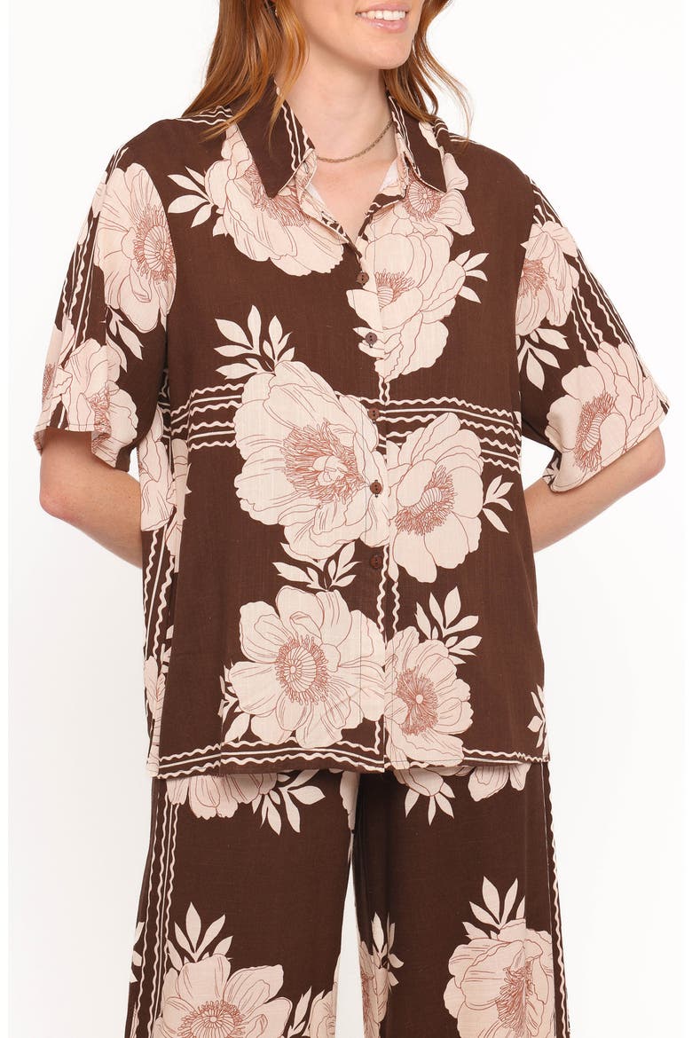 Bernadine Floral Oversize Short Sleeve Button-Up Shirt, Main, color, BROWN FLORAL