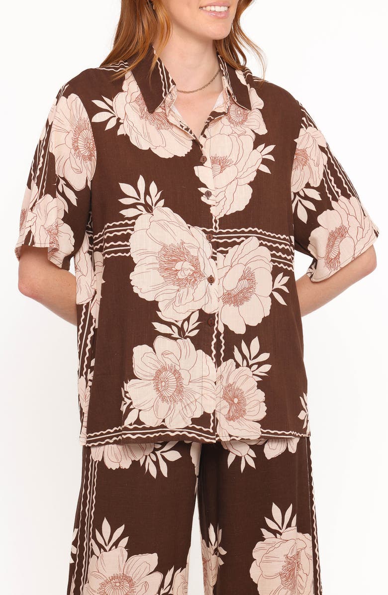 Petal & Pup Bernadine Floral Oversize Short Sleeve Button-Up Shirt, Main, color, Brown Floral