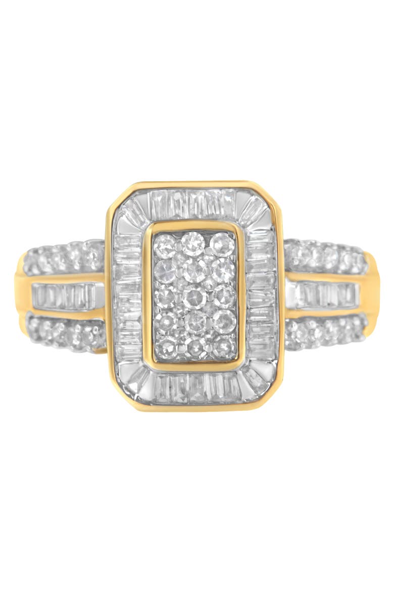 10K Yellow Gold 1.0 Cttw Round and Baguette Diamond Cluster Ring, Main, color, Yellow Gold