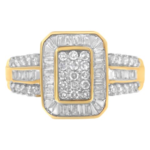 10K Yellow Gold 1.0 Cttw Round and Baguette Diamond Cluster Ring