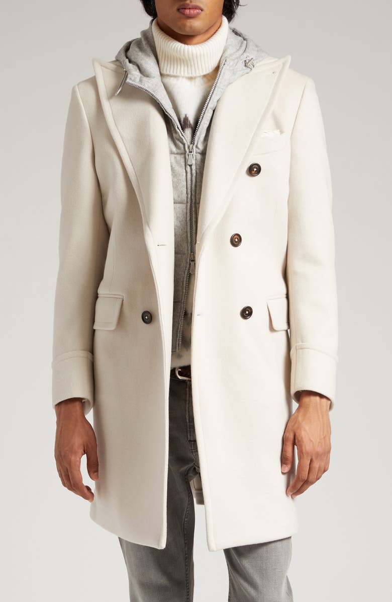 Eleventy Double Breasted Wool & Cashmere Topcoat with Removable Hooded Bib, Main, color, 
