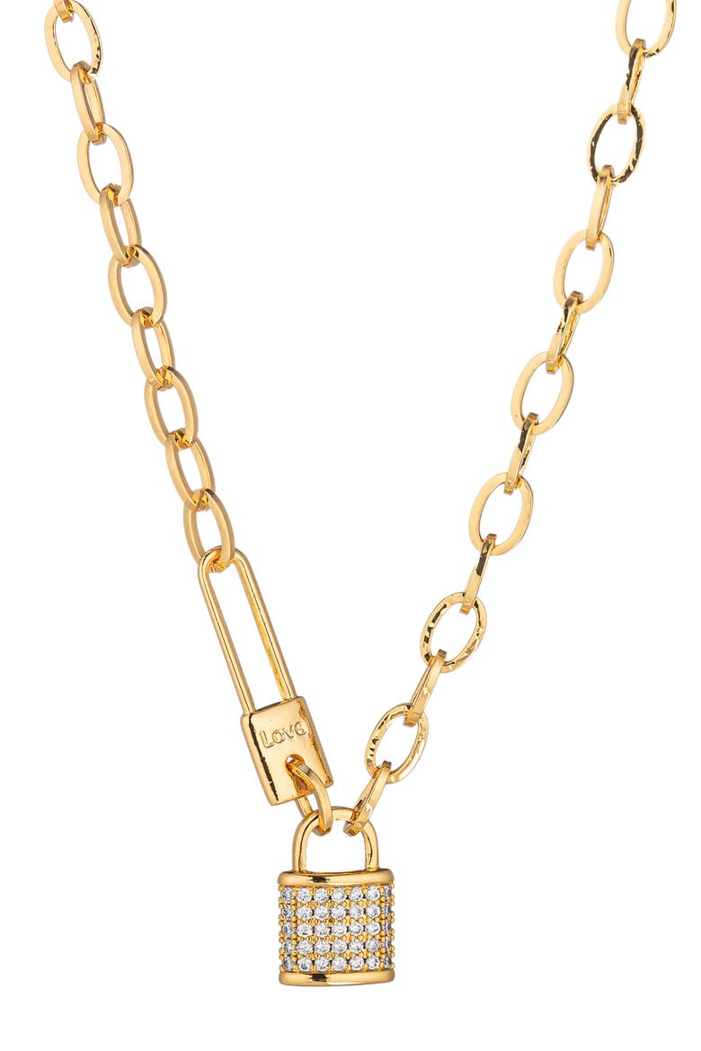 Cubic Zirconia Lock Pendant Necklace, Main, color, GOLD