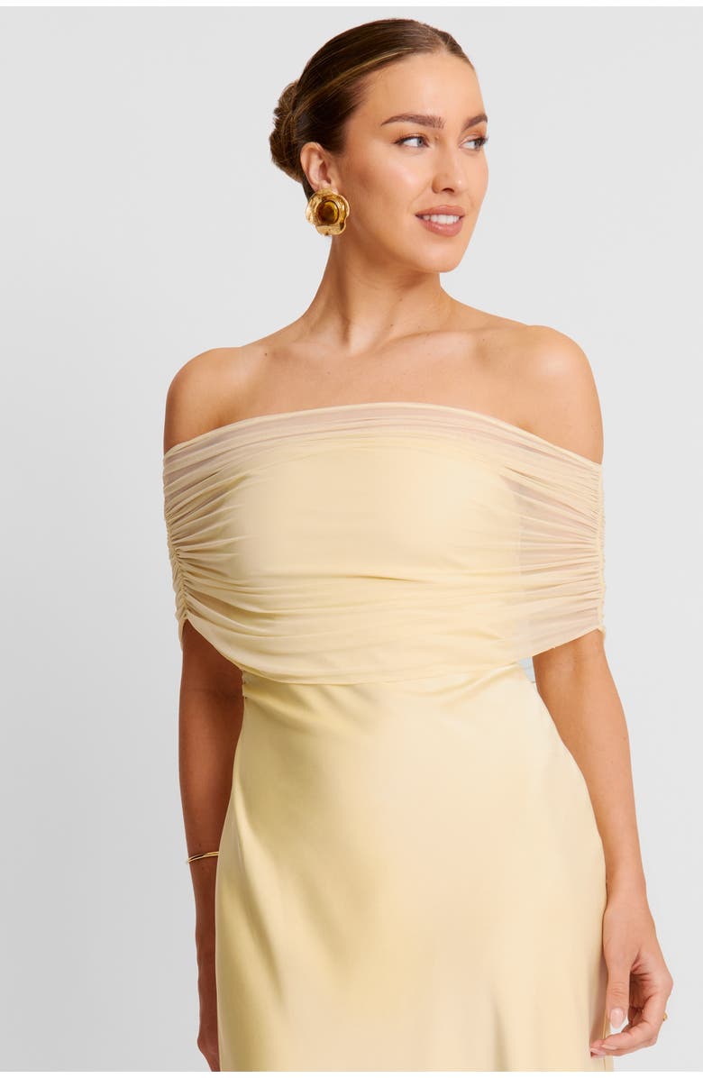 Six Stories Bardot Satin Maxi Dress, Alternate, color, Pale Lemon