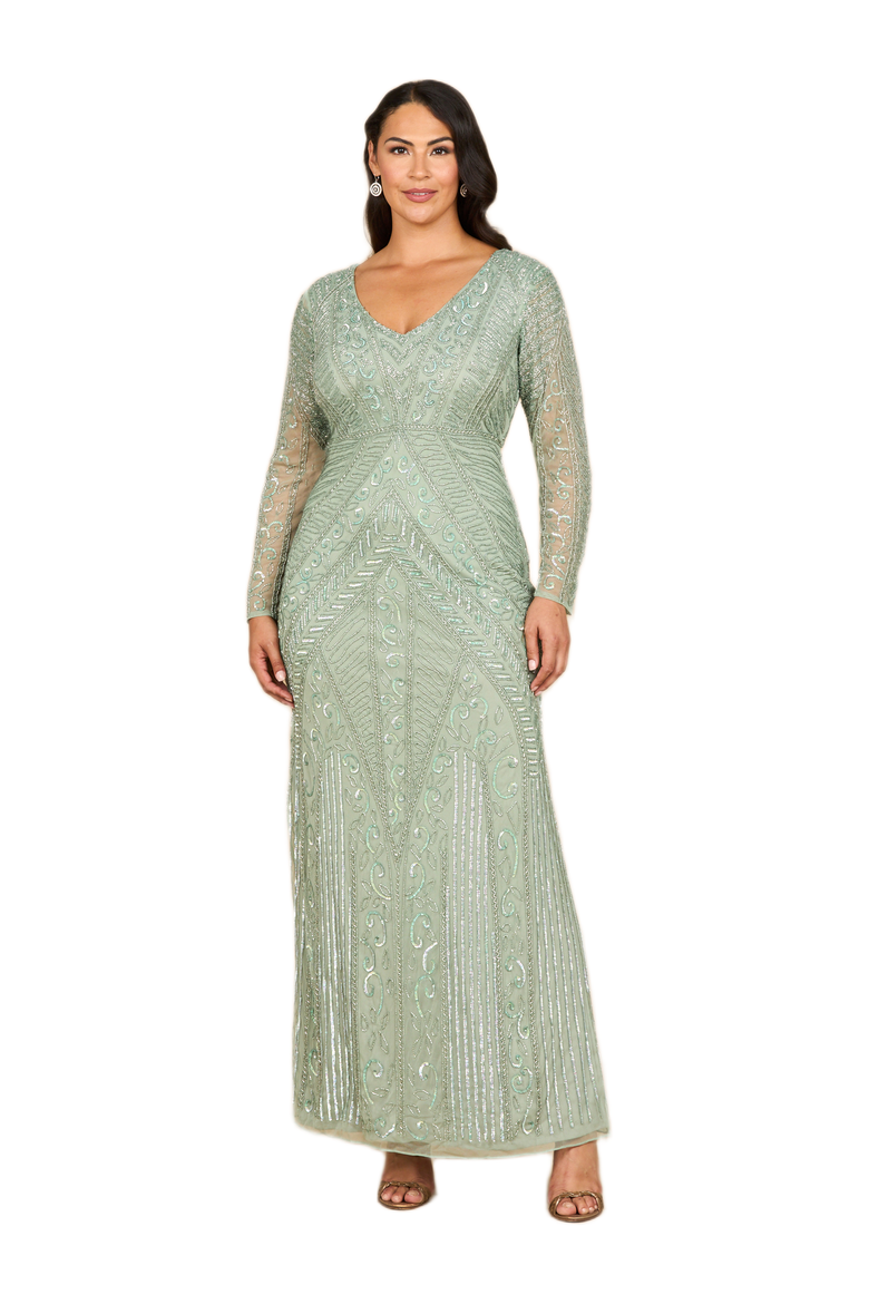 Long Sleeve Geometric Beaded Gown, Main, color, Dark Sage