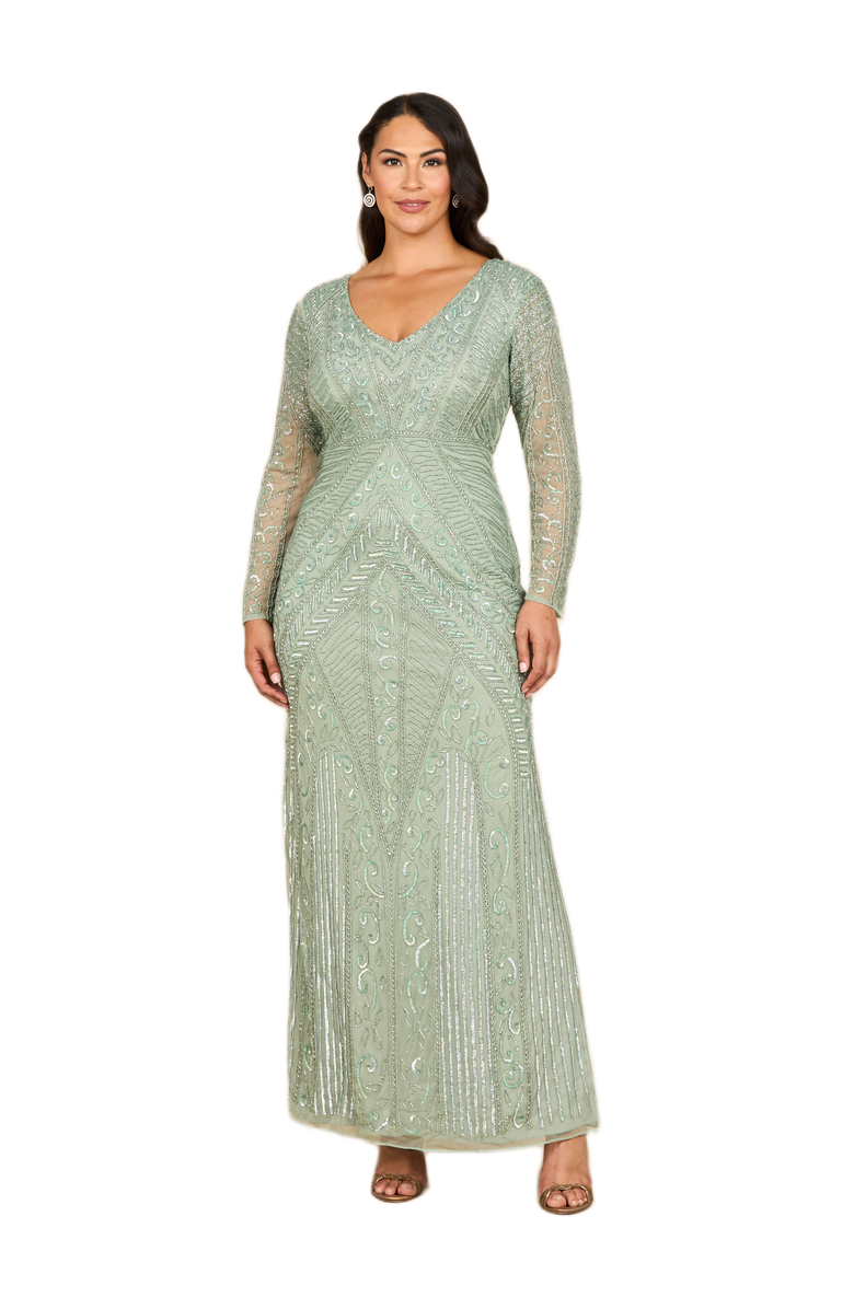 LARA New York Long Sleeve Geometric Beaded Gown, Main, color, Dark Sage