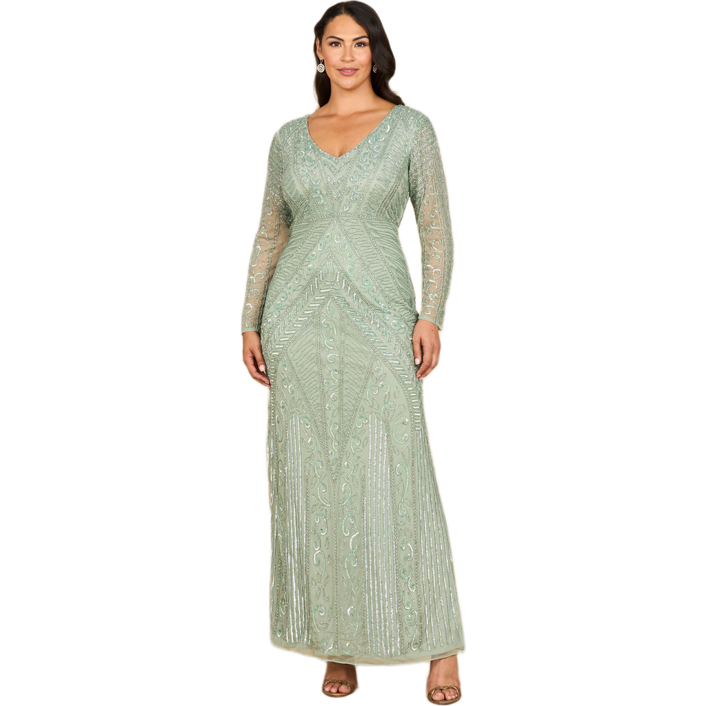 Lara New York Long Sleeve Geometric Beaded Gown In Green