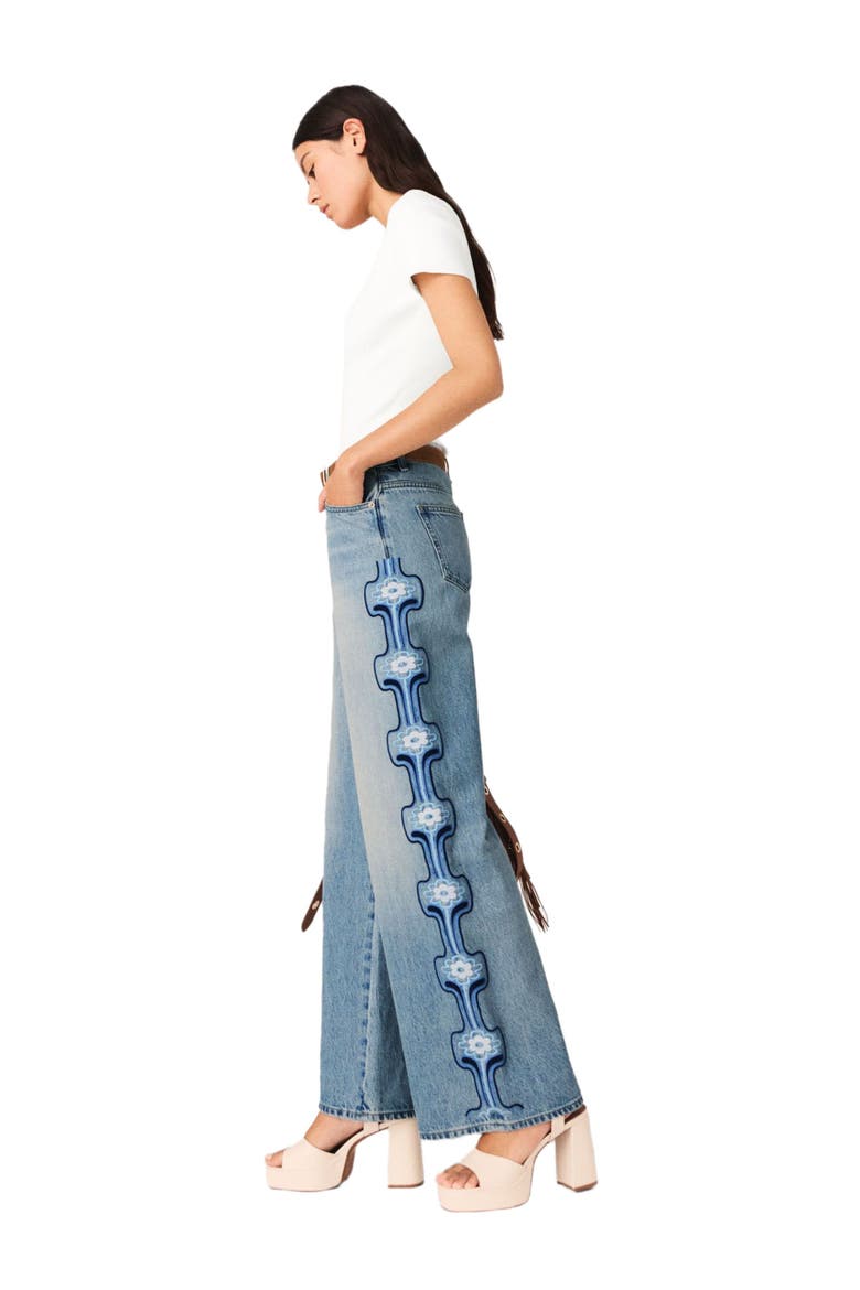 Floral embroidered wide-leg jeans, Alternate, color, Blue