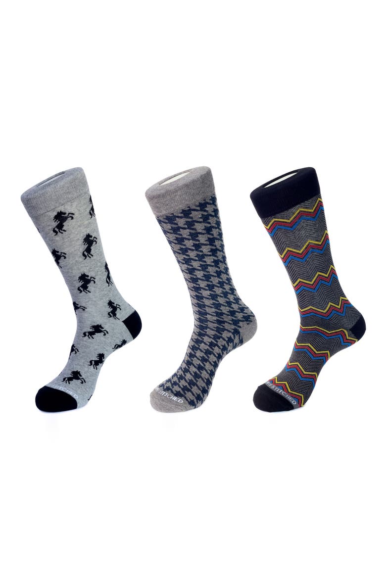 3-Pack Patterned Crew Socks, Main, color, GREY MULTI