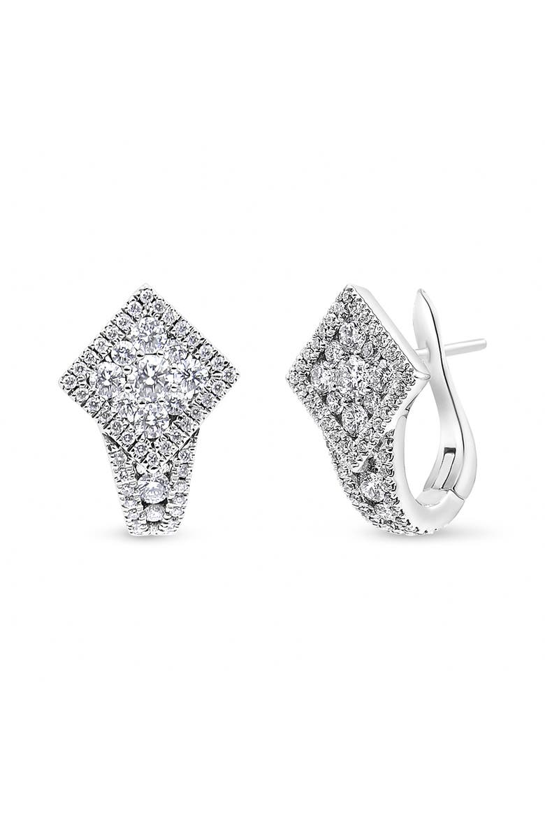 18K White Gold 1 1/10 Cttw Round Diamond Cluster with Halo Hoop Huggie Earring, Main, color, White