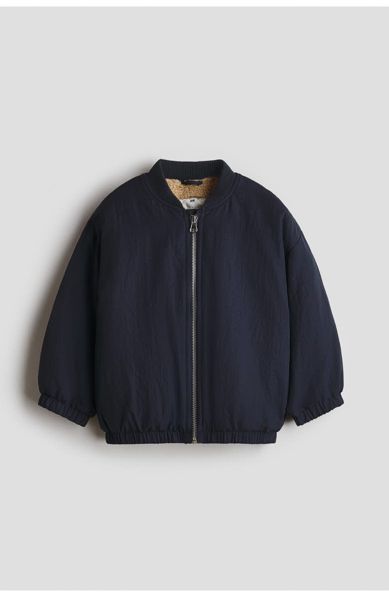 H&M Teddy-lined Bomber Jacket, Main, color, Navy Blue