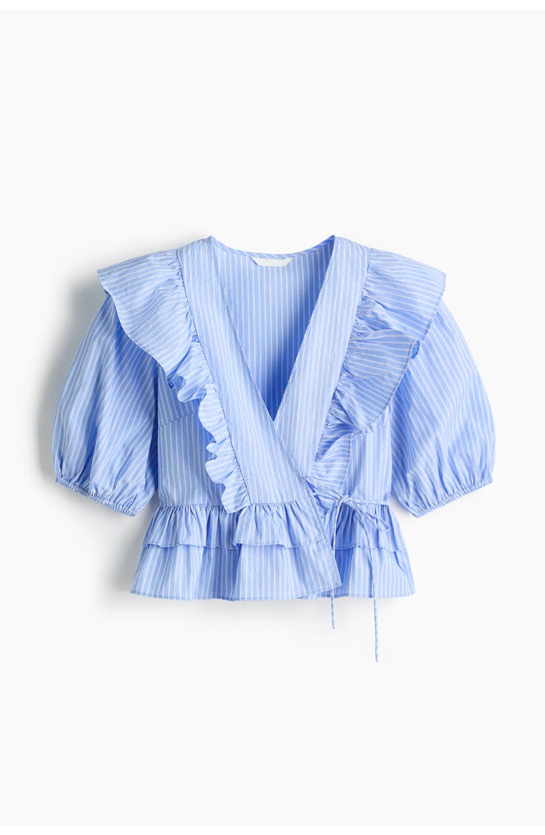 H&M Poplin Wrap Blouse, Main, color, Light Blue/Striped