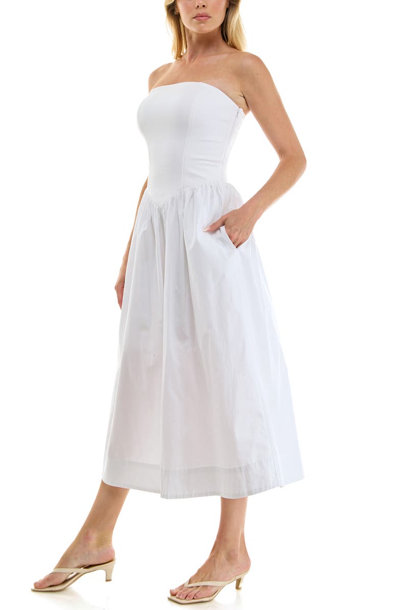 Socialite Mixed Media Strapless Midi Dress, Alternate, color, White