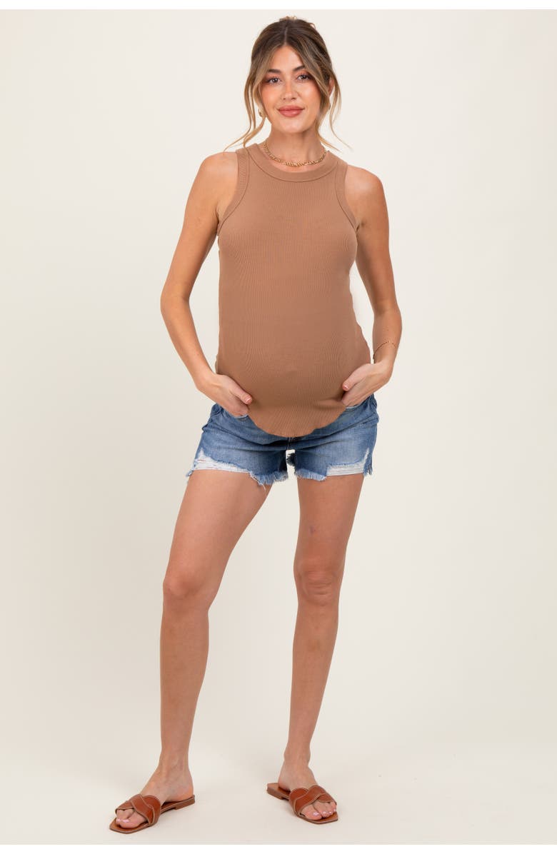 PinkBlush Distressed Fringe Hem Maternity Jean Shorts, Main, color, Navy Blue