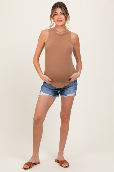 Distressed Fringe Hem Maternity Jean Shorts