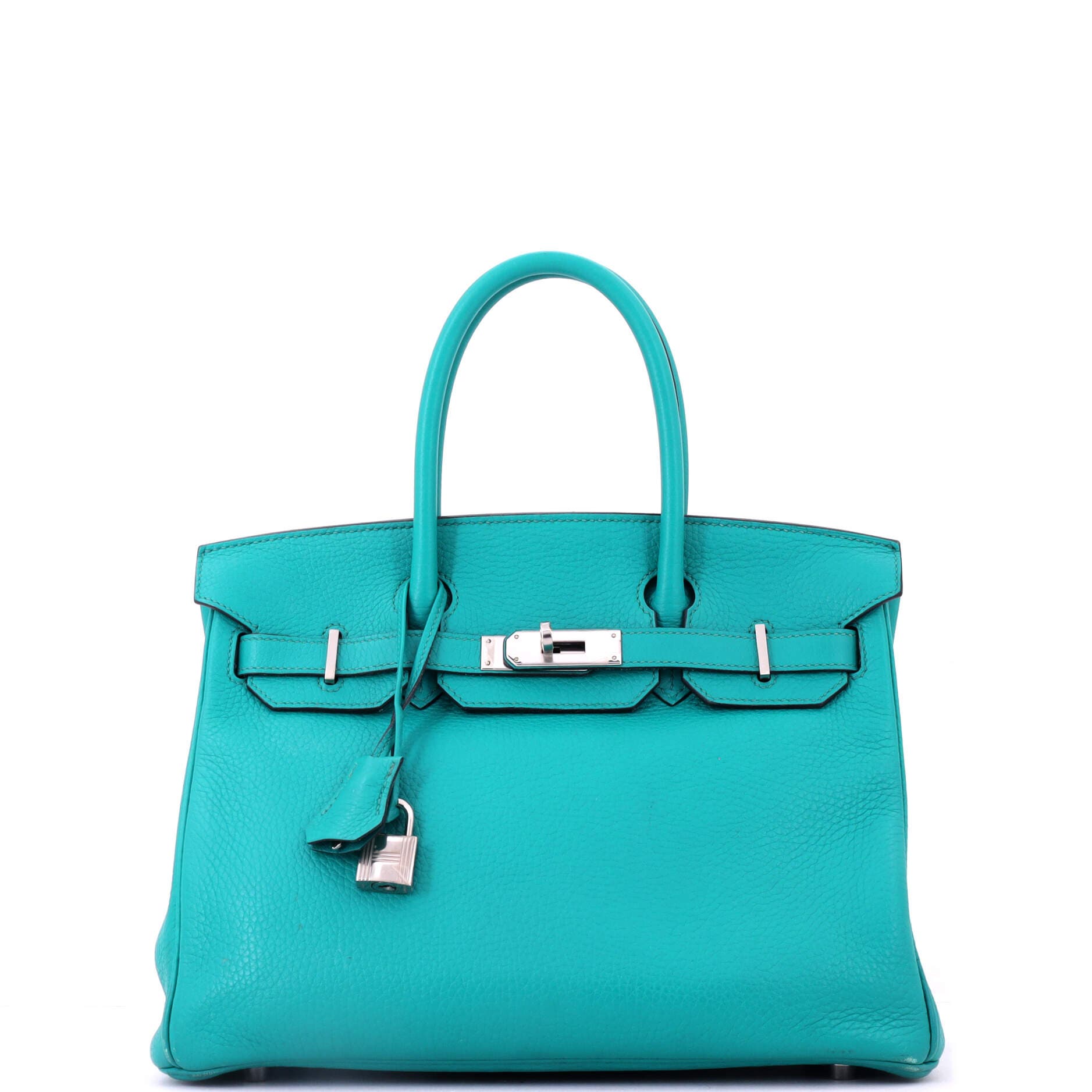 Pre-Owned Hermes Birkin Handbag Blue Clemence with Palladium Hardware 30, Main, color, Bleu Paon