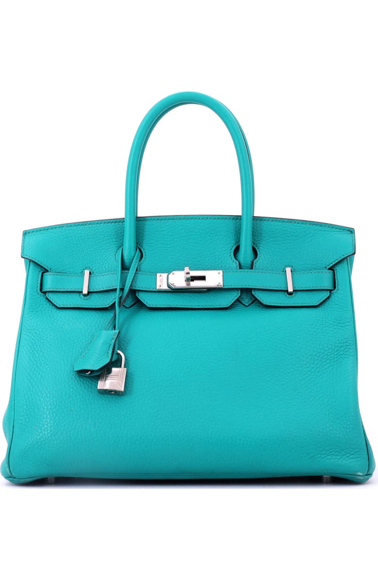 Pre-Owned Hermes Birkin Handbag Blue Clemence with Palladium Hardware 30, Main, color, Bleu Paon