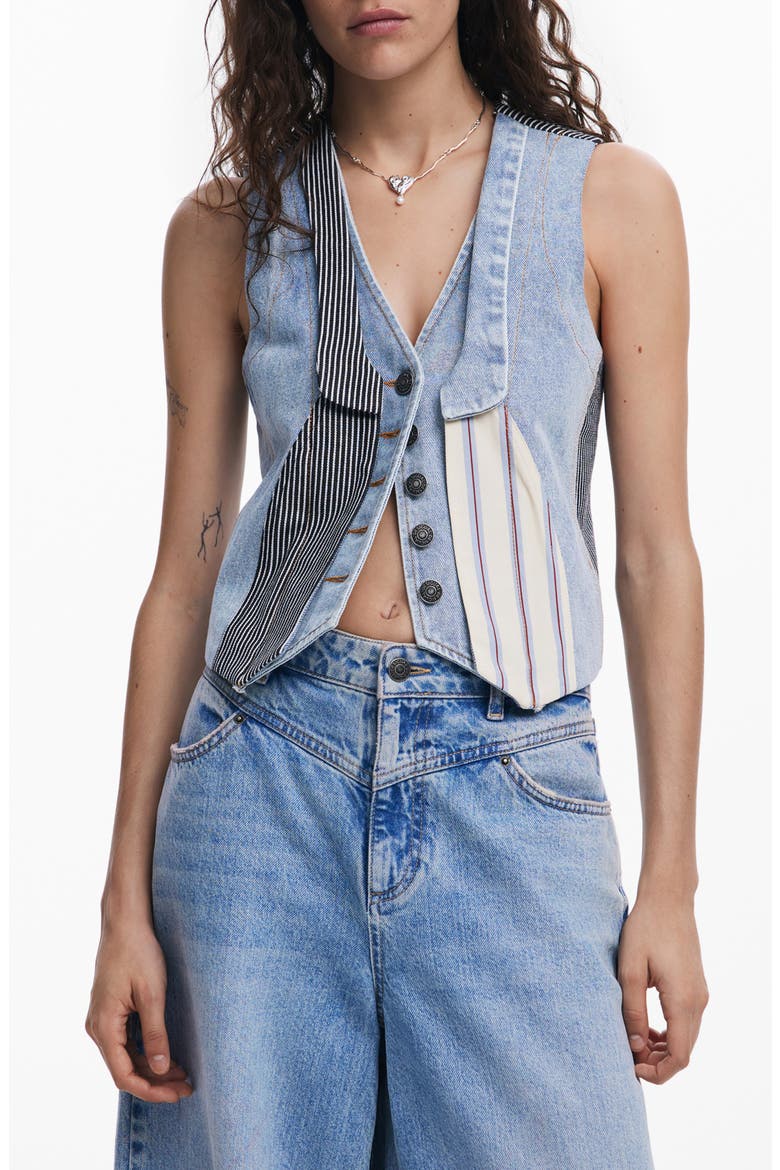 Patchwork Crop Denim Vest, Main, color, BLUE