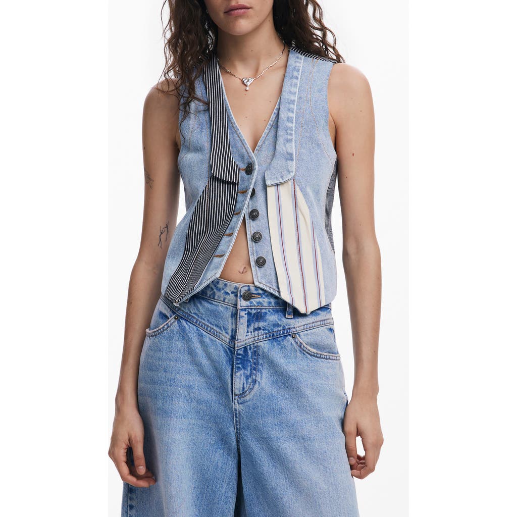 Desigual Patchwork Crop Denim Vest In Multi
