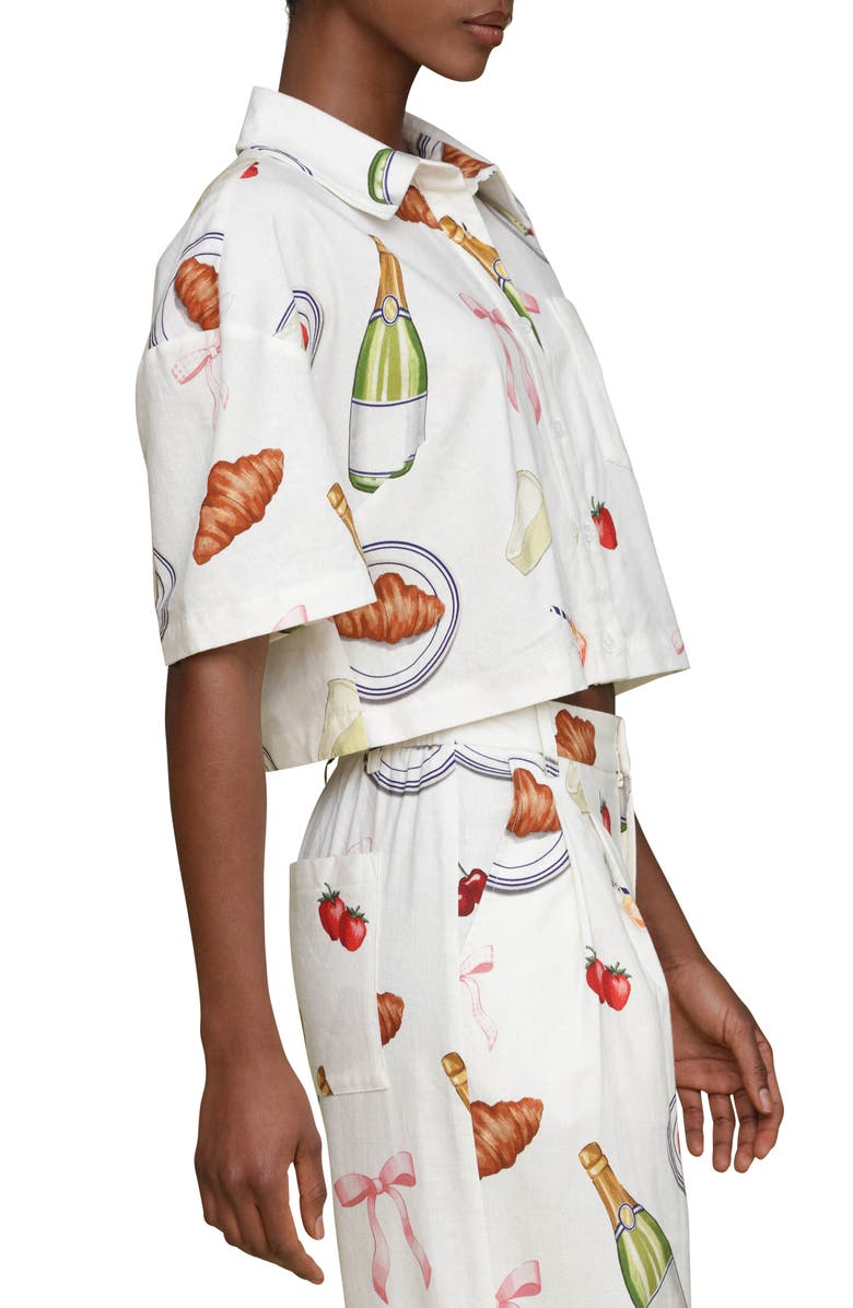 Avec Les Filles Party Print Crop Button-Up Shirt, Alternate, color, Ivory Tabletop Print